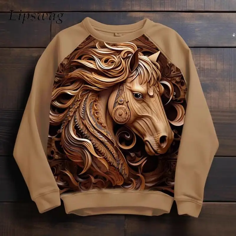 Vintage 3D Digital Printed Mens Sweatshirts Spring Fall Long Sleeve Crew Neck Casual Tops Trendy Men Clothing Leisure Sweatshirt