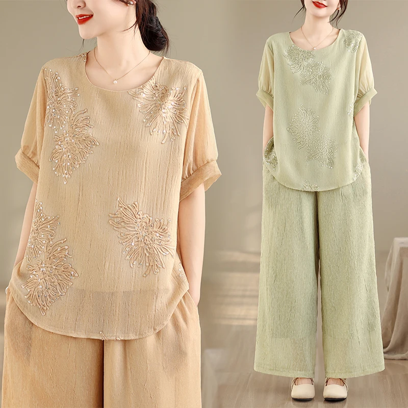 

Embroidered Wide Leg Pants round Neck Shirt Women's plus Size Spring Summer New Style Two Piece Set Comfortable Cotton Blouse