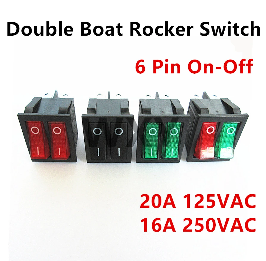 2Pcs KCD2 Double Boat Rocker Switch 6 Pin On-Off With Green Red Light 20A 125VAC/ 16A 250V Black no light switch