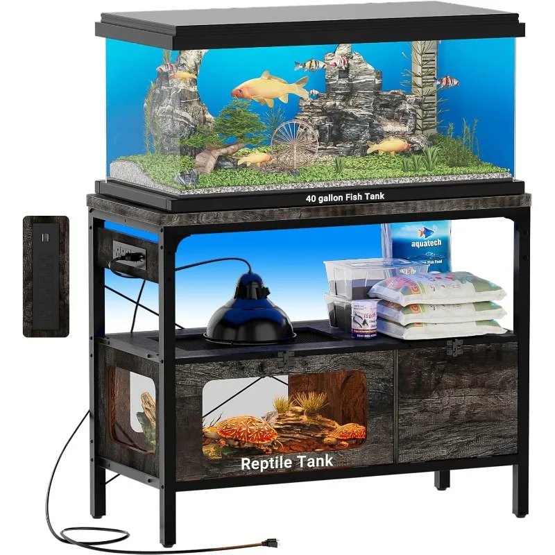 40 Gallon Fish Tank Stand with Outlet & LED Light, 39.37‘’ Aquarium Stand with Reptile Tank, Tortoise Habitat with Anti Escape