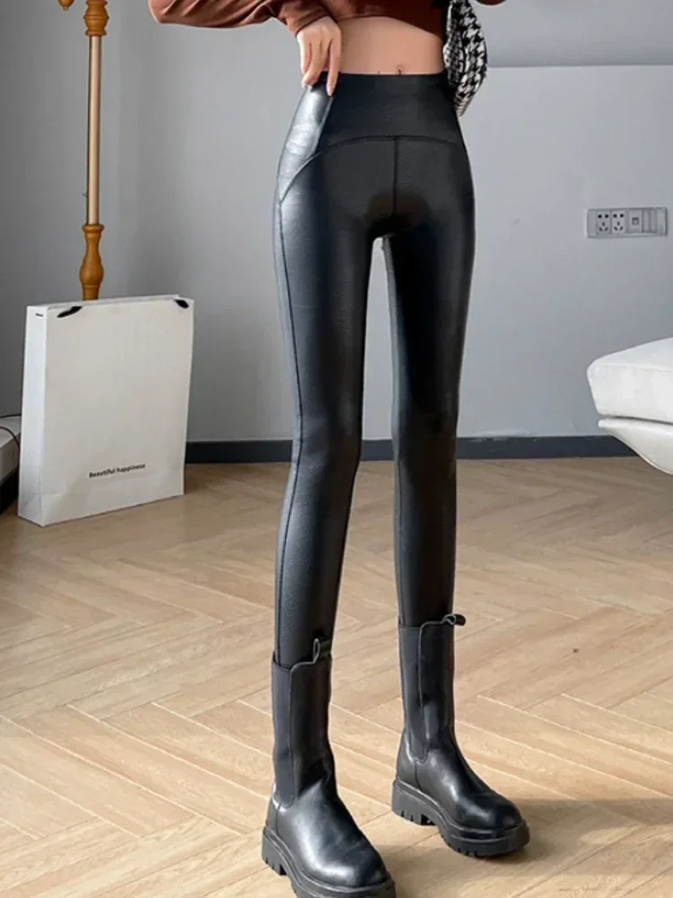 Sexy Slimming Pu Leather Leggings Women Spring Autumn Black High Waist Tights Stretch Soft Thin Fleece Leggings for Women Pants