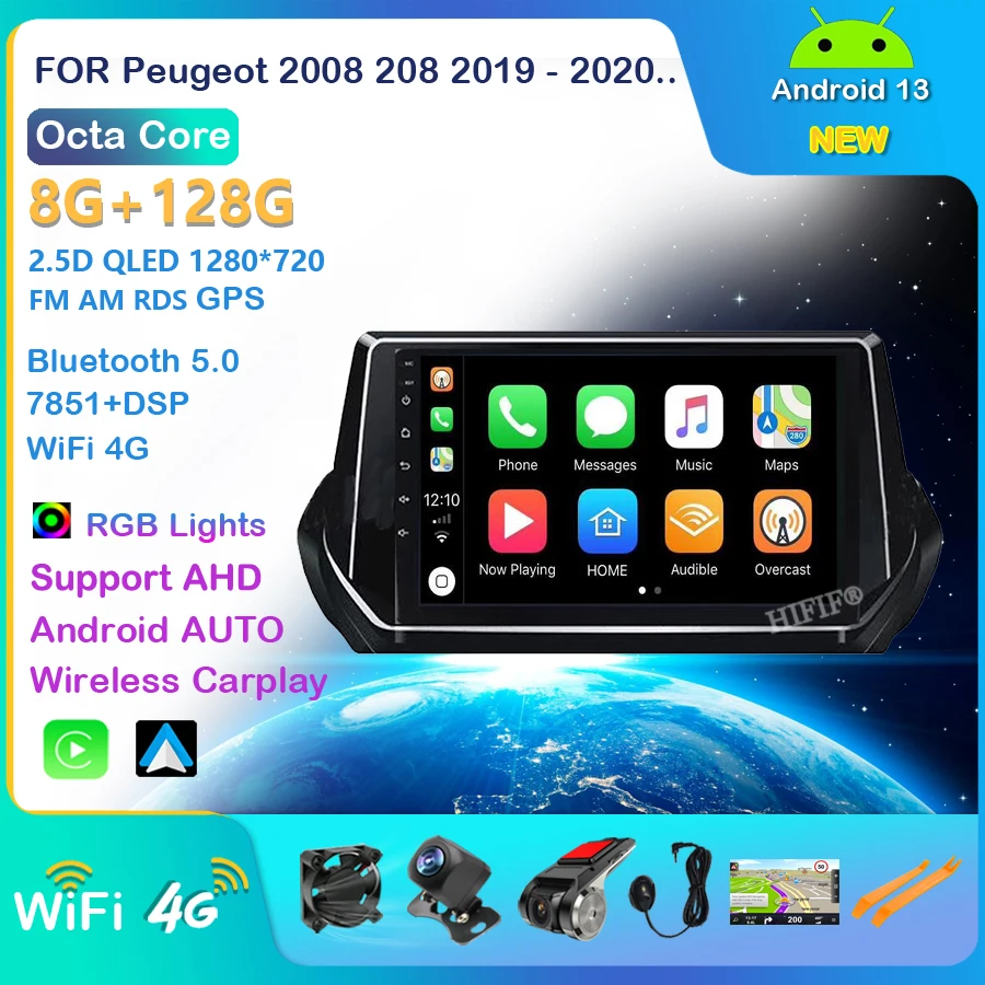 

6+128G Carplay head unit 2 Din Car Radio dsp For Peugeot 2008 208 2019 - 2020 GPS Navigation Head unit Android 13 WIFI FM BT 5.0