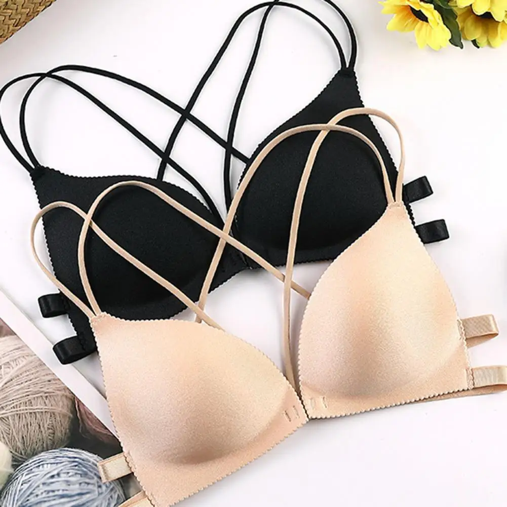 Women Bra Seamless Padded Breast Support Spaghetti Strap Cross Back 3/4 Cup Bra Front Buckle  Elastic Push Up Bra Lady Underwear