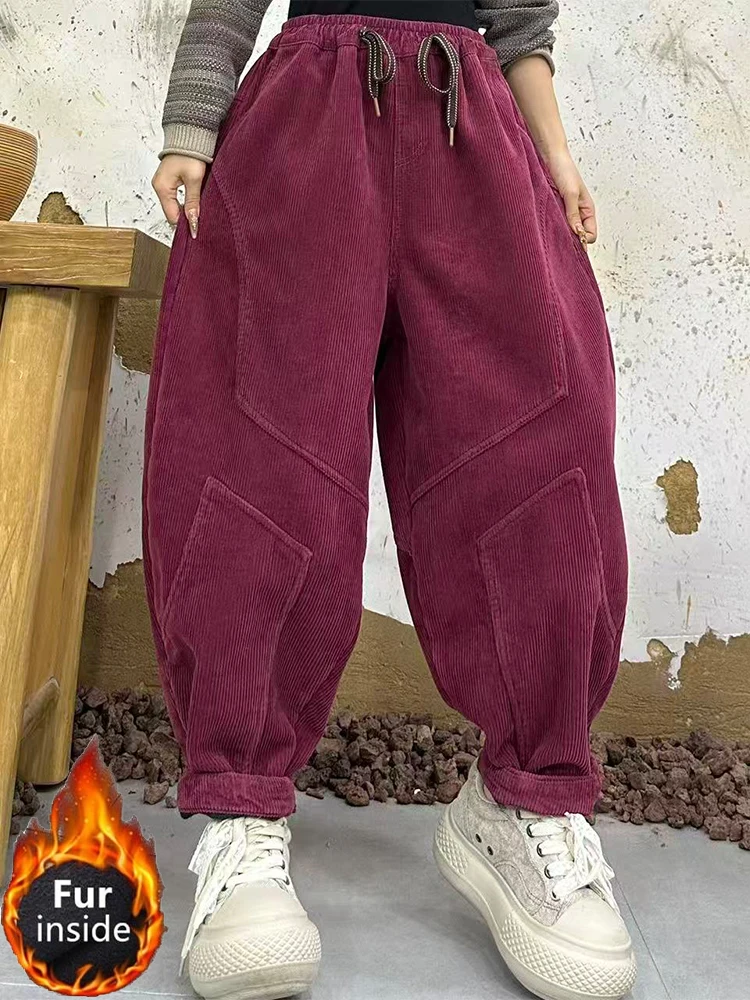 Amax LuluE diseño invierno señoras moda espesar pantalones de piel de pana señoras sueltas Vintage cálido Casual cintura elástica Harem pantalones