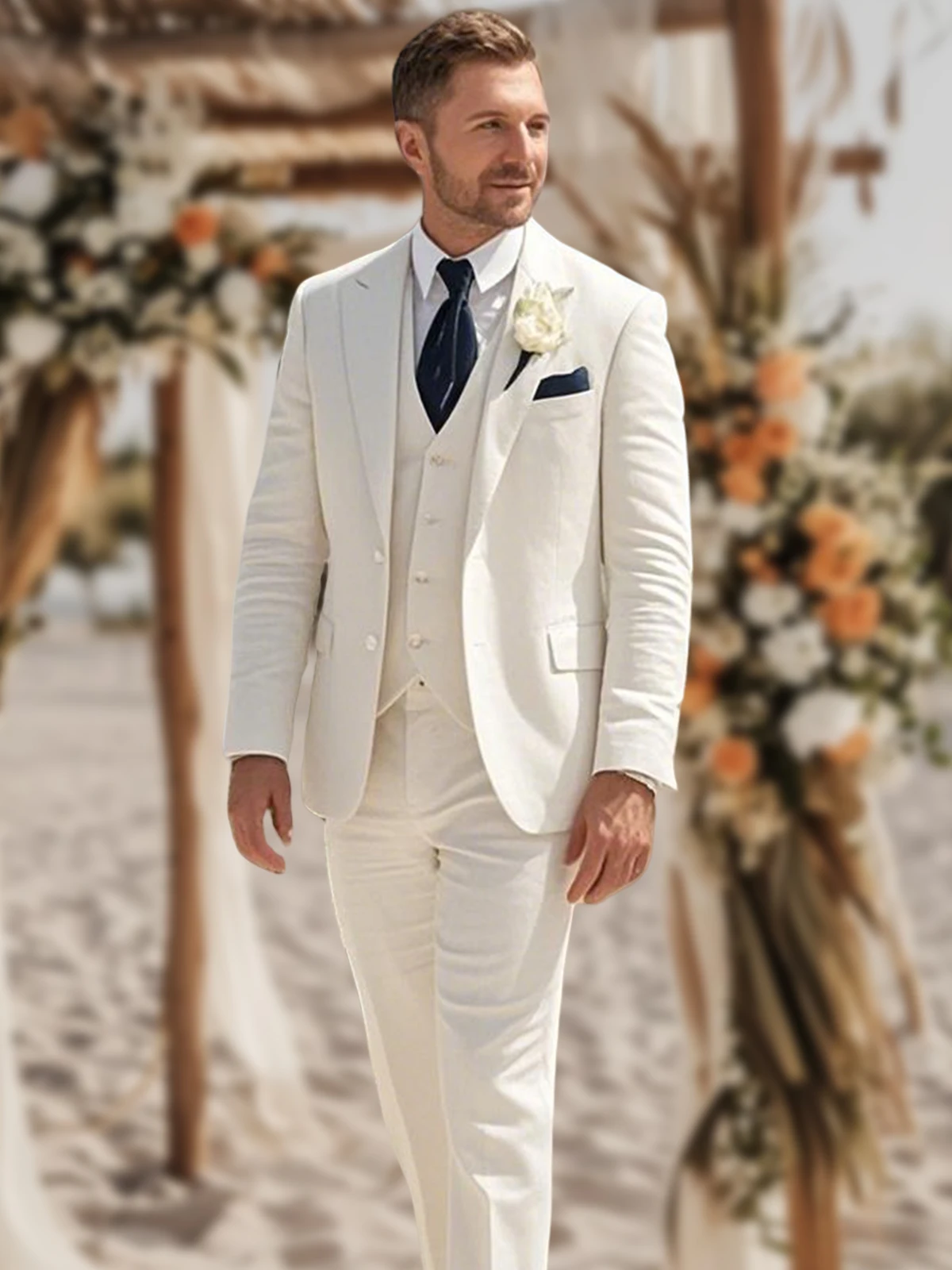 Wedding Summer Linen Suits for Men Beach Casual Slim Fit Blazer Masculino Costume Vest for Man Light Thin 3 Pièces Pour Homme