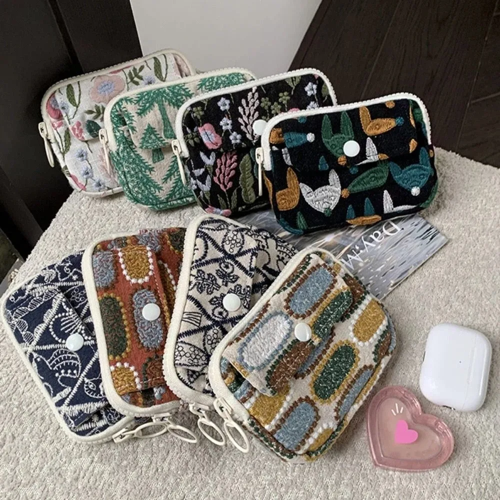 بسيطة لطيف التطريز حقيبة التخزين زهرة القطن الكتان سماعة حقيبة الكورية نمط سستة الحقيبة العرقية نمط محفظة نسائية للعملات المعدنية السفر