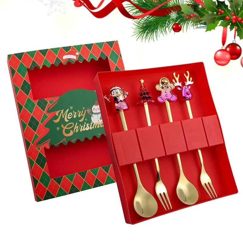 

Merry Christmas Spoons 4X Santa Elk Christmas Tree Gingerbread Man Tableware Ornaments Christmas Gifts for Coffee Cocktail