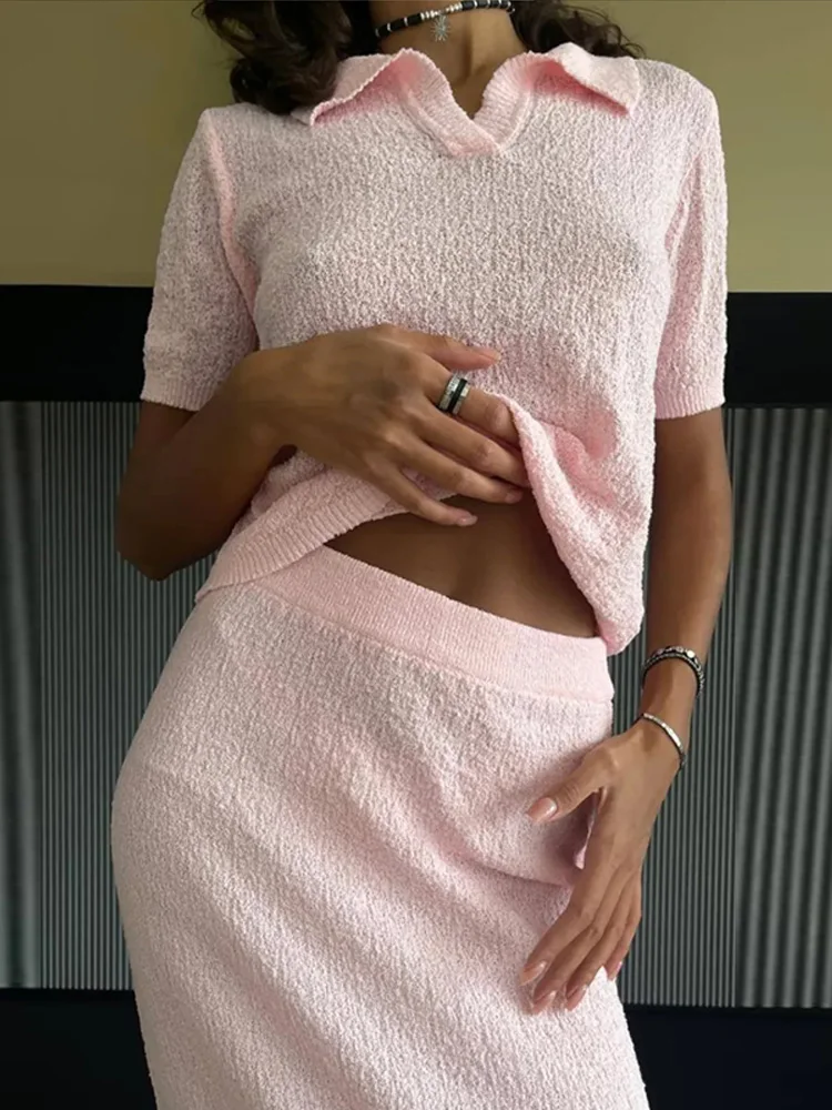 

Summer Fashion Slim Skirt Suits Solid Short Sleeve Long Dress Set For Women O Neck Lapel Crop Top High Waist Skirt Sets