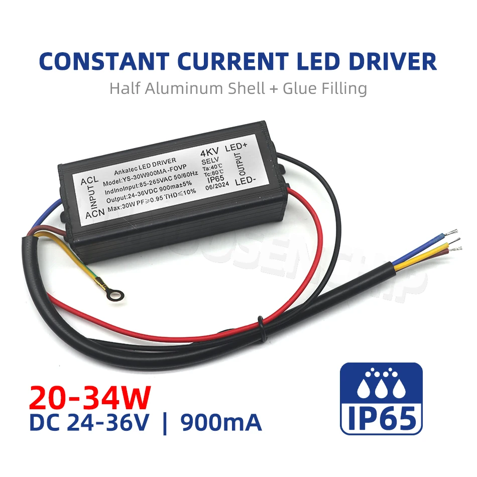 LED Driver 30W Adapter Transformer for LED COB Modules AC 85-265V to DC 24-36V Constant Current 900mA Waterproof Power Supply