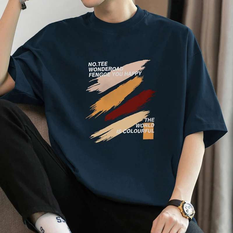 Heavyweight Cotton T-Shirt Men's Short Sleeve Printed Loose Fit round Neck Breathable Casual Cotton Polyester Blend Summer Top