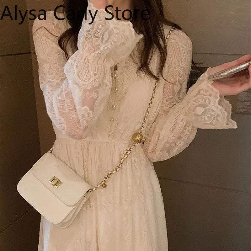 2022 Spring Lace Vintage Fairy Dress Women Elegant Flare Sleeve Korean Party Midi Dress Casual Office Lady Slim Y2k Kawaii Dress