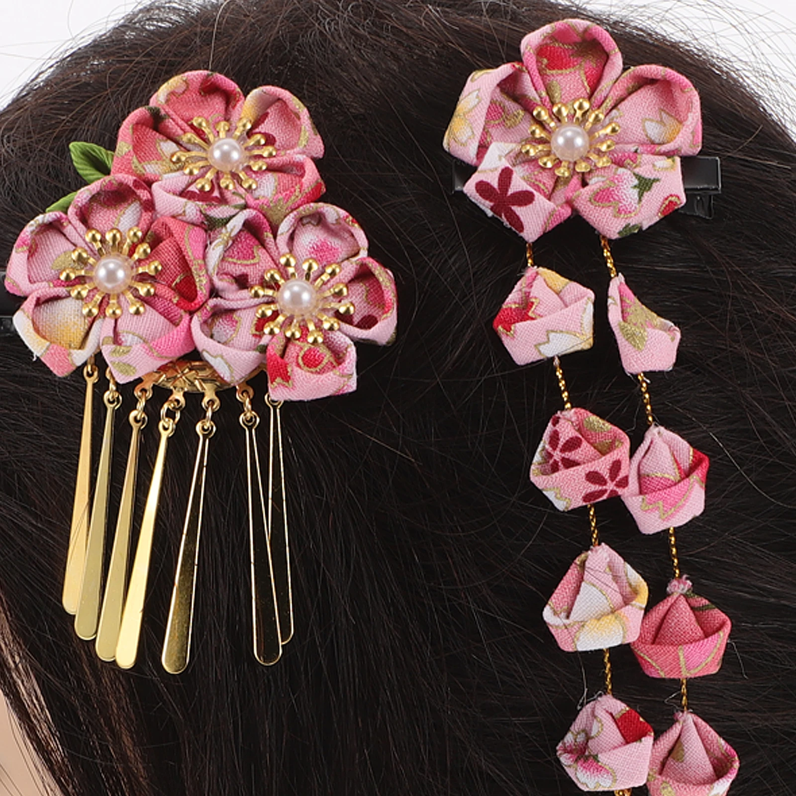 

3 Pcs Japanese Hair Clip Set Camellia Flower Tassels Fabric Kimono Hanfu Accessories Material Special Occasion Daily Use