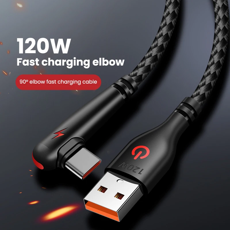Kabel USB do Type-C 120 W Kolanko 90 stopni Szybkie ładowanie telefonu komórkowego Huawei Mate 40 30 Xiaomi Samsung Przewód do ładowania telefonu