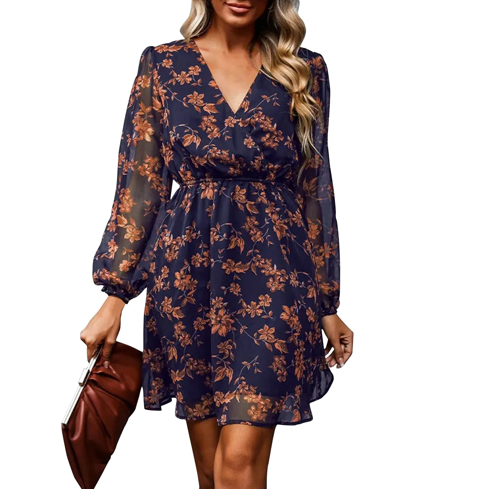 Chiffon V-neck Long Sleeve Mini Dress Woman Floral Holiday Beach Tunic Short Cover Up 2023 Summer Dress Beachwear