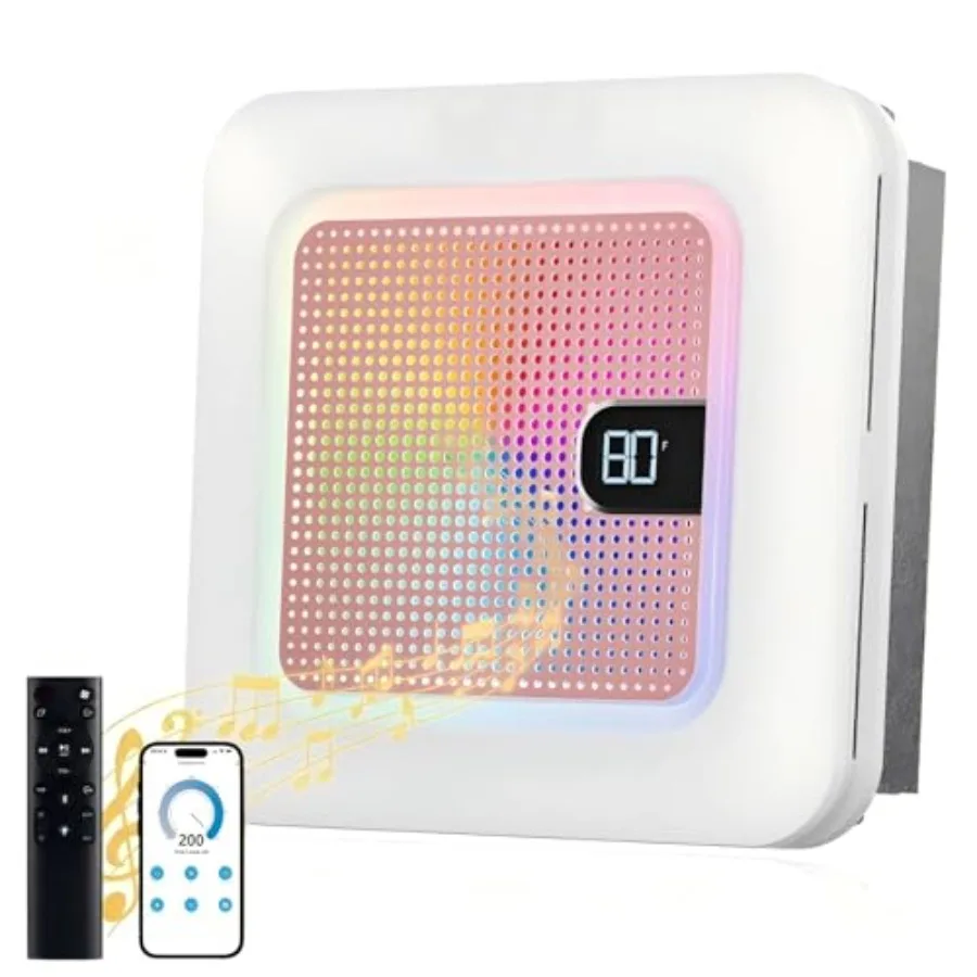 

Умный вытяжной вентилятор для ванной комнаты с подсветкой, Bluetooth-колонкой, датчиком влажности и запаха, 3 динамических RGB-режима, регулируемое освещение 0-2600 лм