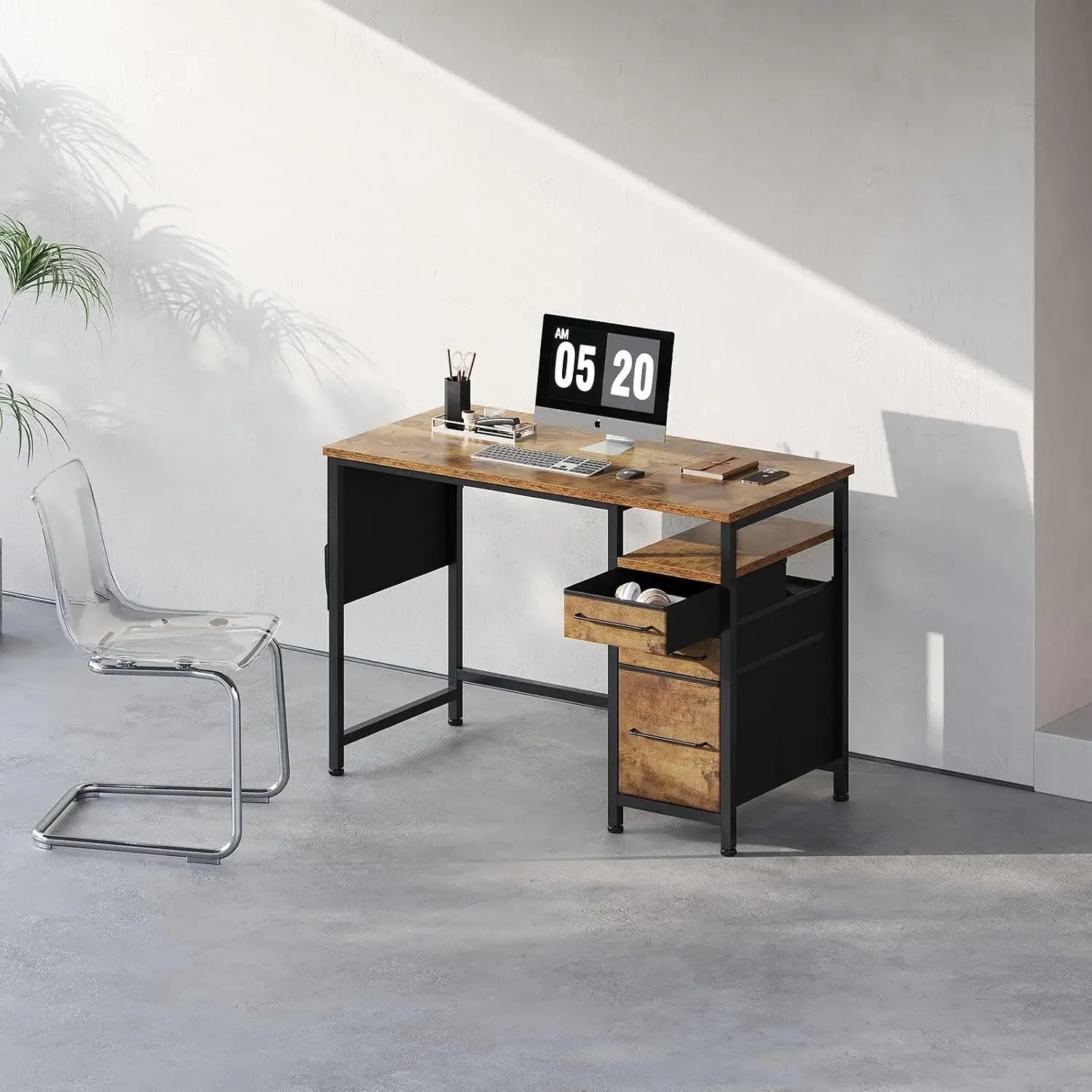 Small Desk with Drawers, Office Desk with Storage Shelves, Brown2 | 40 Inch Desktop, Metal Frame, 3 Fabric Drawers, Storage