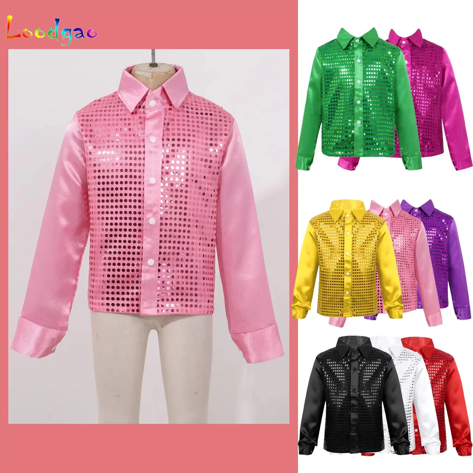 

Boys Girls Shiny Sequins Shirts Long Sleeve Lapel Hip-hop Jazz Dance Shirt Choir Stage Performance Costumes Street Dance Wear