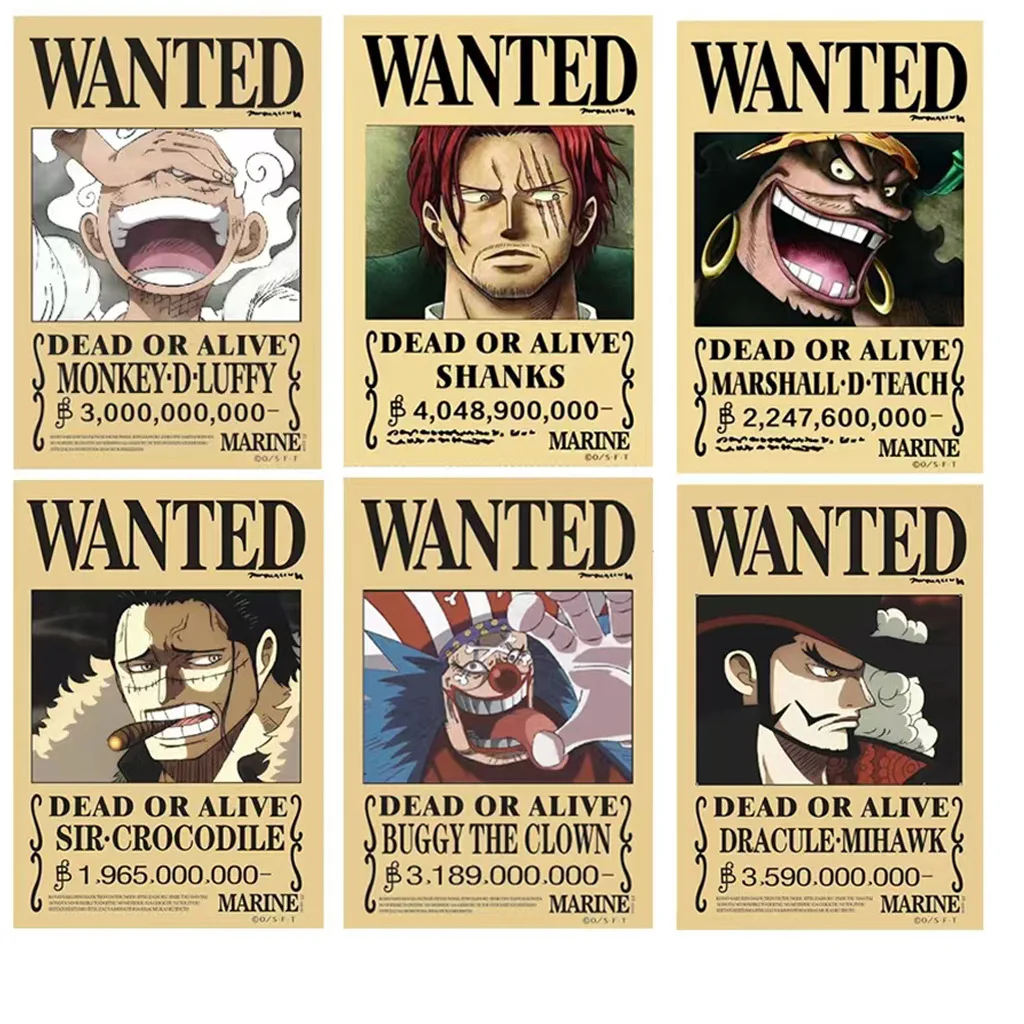 6pcs Anime One Piece Luffy Shanks Marshall D Teach Buggy Dracule Mihawk Poster Paper Painting Decoration Figure Cosplay Toys