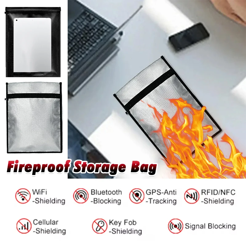 Faraday Bag Fire Resistant RFID Signal Blocking Anti-GPS Tracking Bag for Phone Tablet Key Fob Privacy Safe Storage