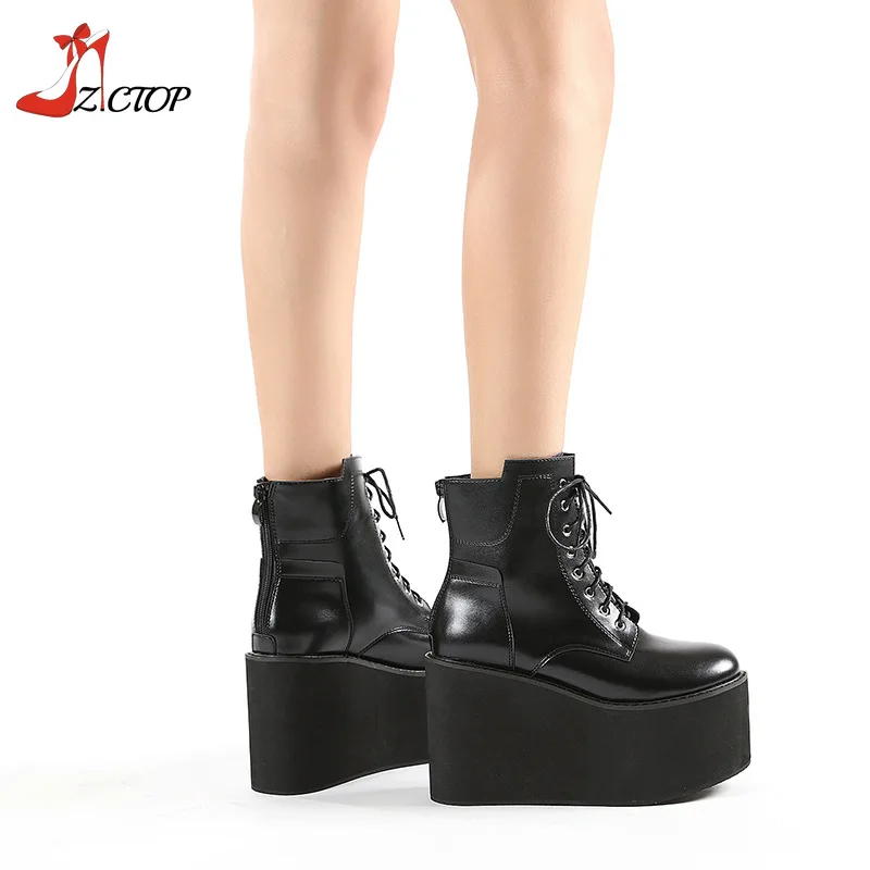 Botas de tornozelo pretas góticas para mulheres, fundo grosso, saltos altos, cunhas punk, sapatos femininos, botas, tamanho 43