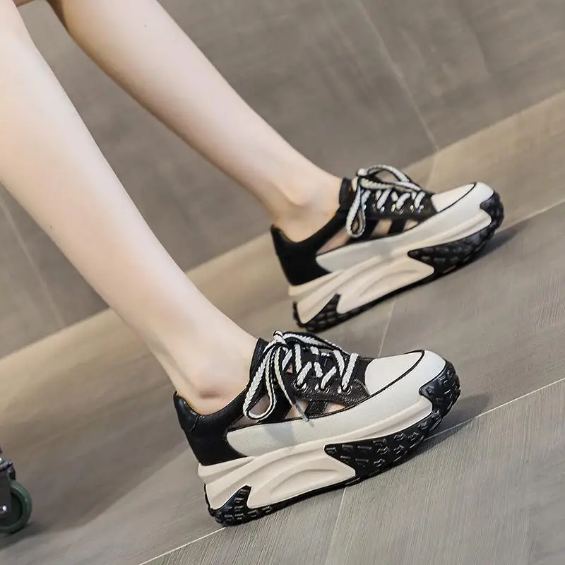 

Retro Dad Shoes Thick Bottom Sandals Hollow out Design Genuine Leather Breathable Mesh Casual round Toe Slip-On Flats