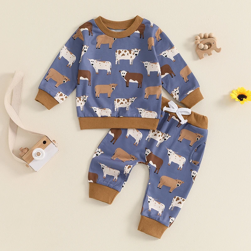 2024-05-27 Lioraitiin Baby Boys Pants Set, Cow Print Long Sleeve Crew Neck Sweatshirt with Elastic Waist Sweatpants Clothes