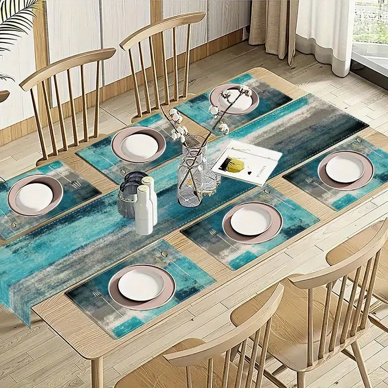 VIKAMA Morandi Abstract Ink Table Runner Placemats Set Waterproof Non Slip Kitchen Dining Table Mat view 2