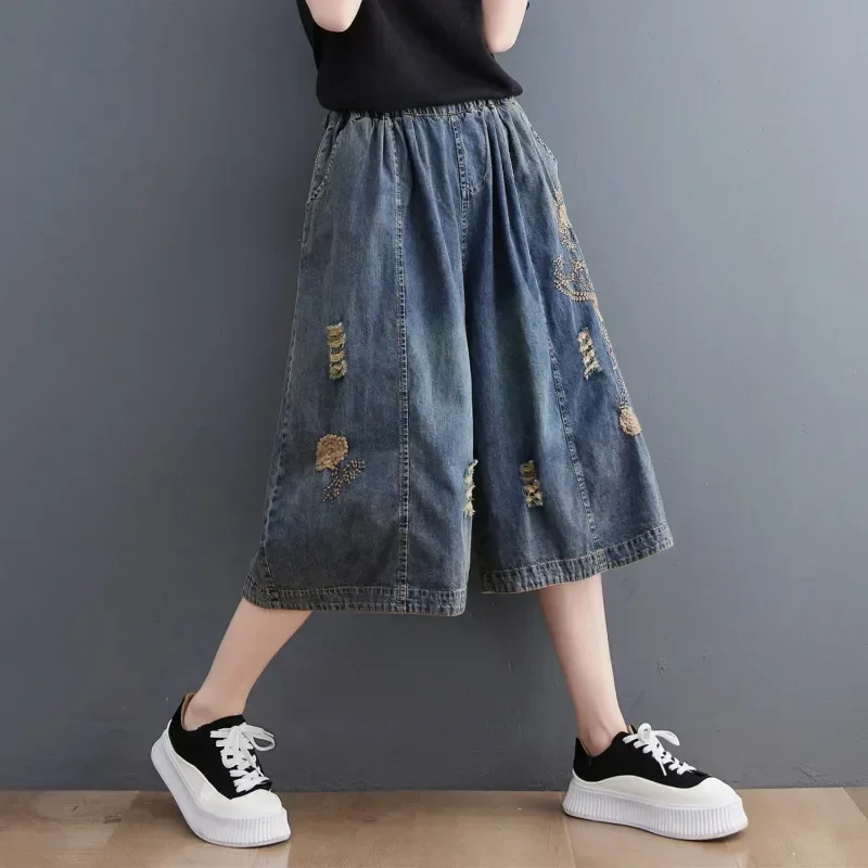 New 2024 Summer Streetwear Womens Vintage Ripped Jeans Holes Blue Denim Shorts Ladies Elastic Loose Thin Straight Wide Leg Pants