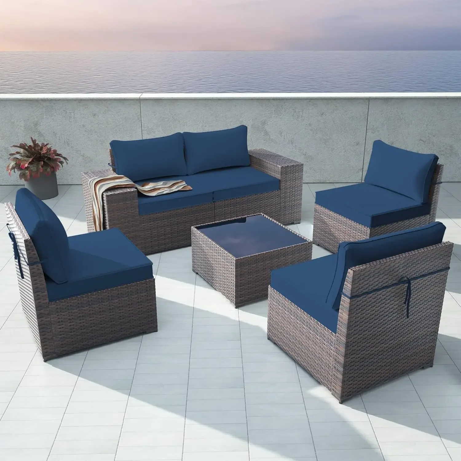 All-Weather PE Rattan Outdoor Sectional with Replaceable Navy Waterproof Cushions and Coffee Table