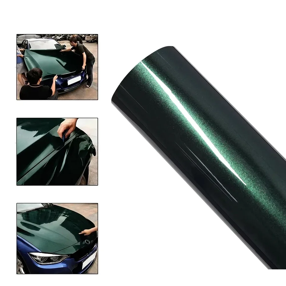 Dunkelgrüne Auto-Vinylfolie, hochglänzend, mit PET-Trägerfolie, für vollständige oder teilweise Karosserie, zur Farbänderung, blasenfrei, mit Luftkanälen, zum Selbermachen, Auto-Styling-Aufkleber,