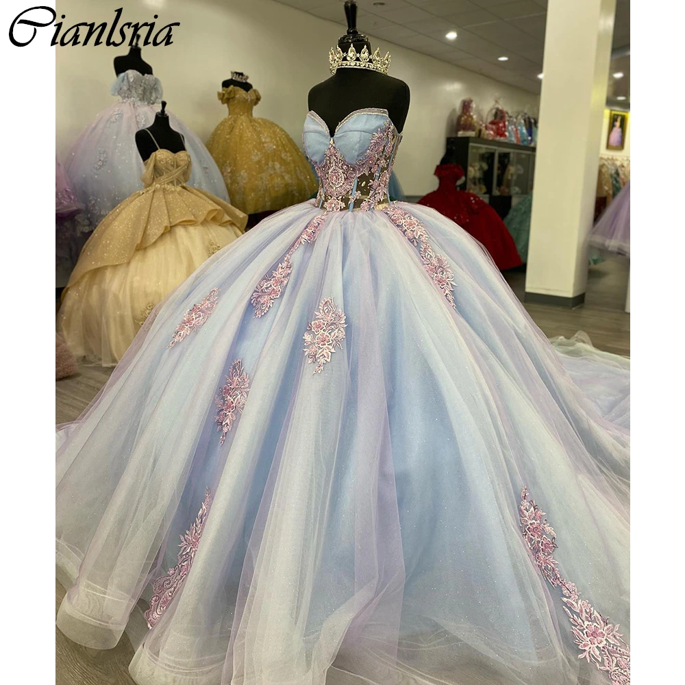 Vestidos Quinceanera de cristal sem mangas, vestido de baile, apliques rosa ilusório, espartilho de renda azul claro, 15 anos