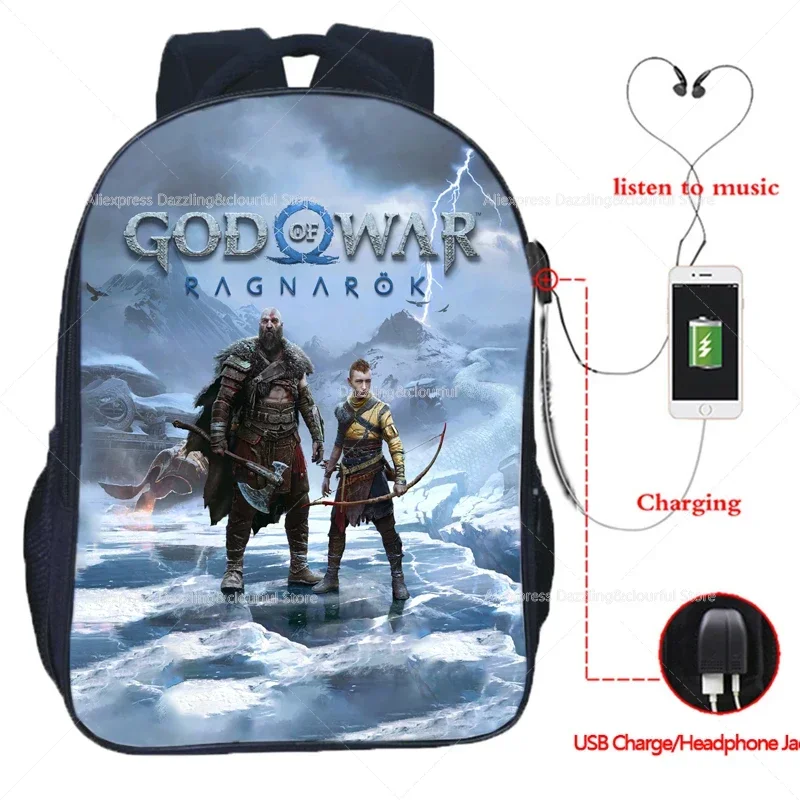 

God of War Ragnarok Backpack Kratos Middle School Students Boys Girls Schoolbag Children Teens USB Charge Travel Laptop Bag