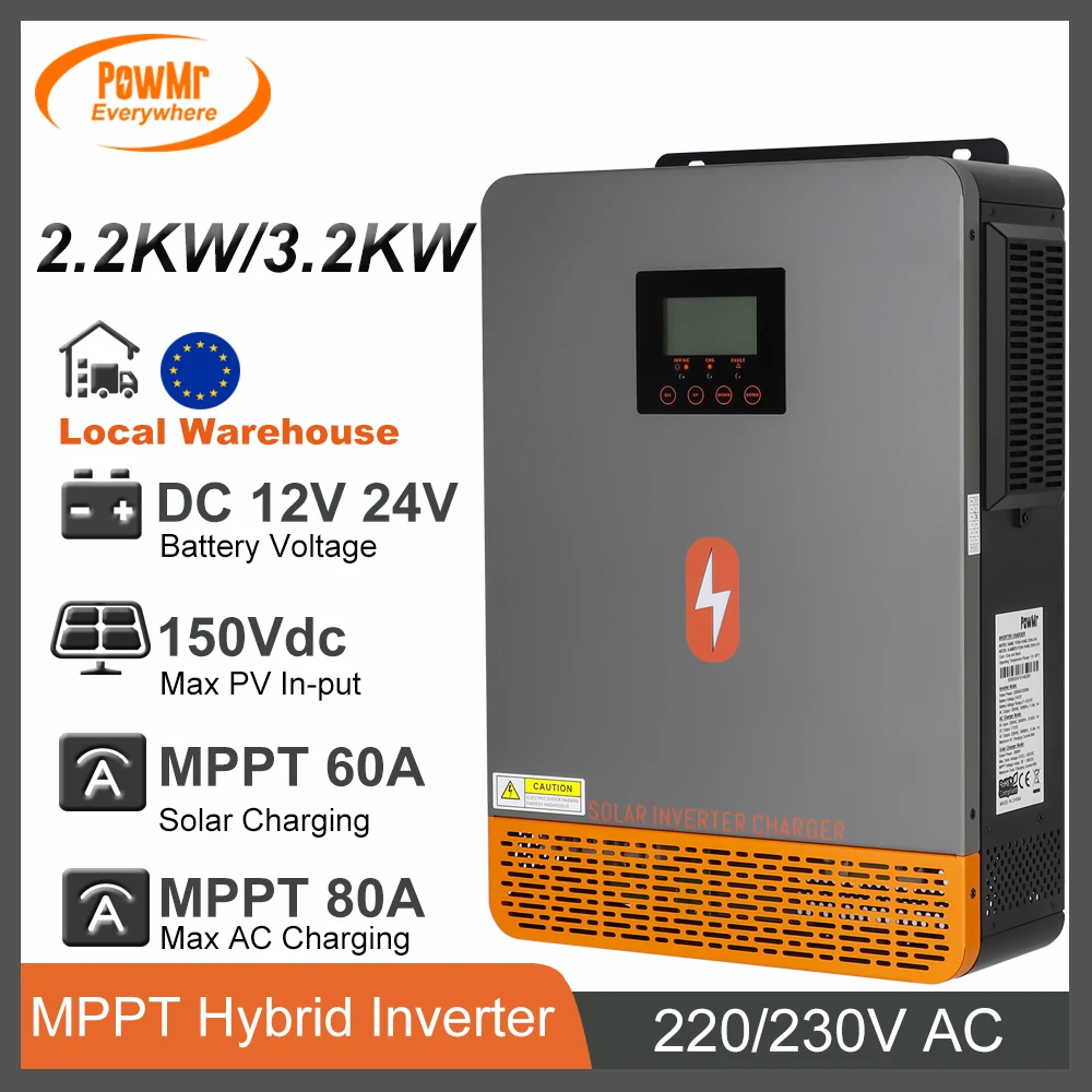 PowMr 2KW 3.2KW Hybrid Inverters 12V 24V DC To 230V AC With 60A MPPT Solar Charge PV Max 150Vdc Off Grid Photovoltaic Inversor