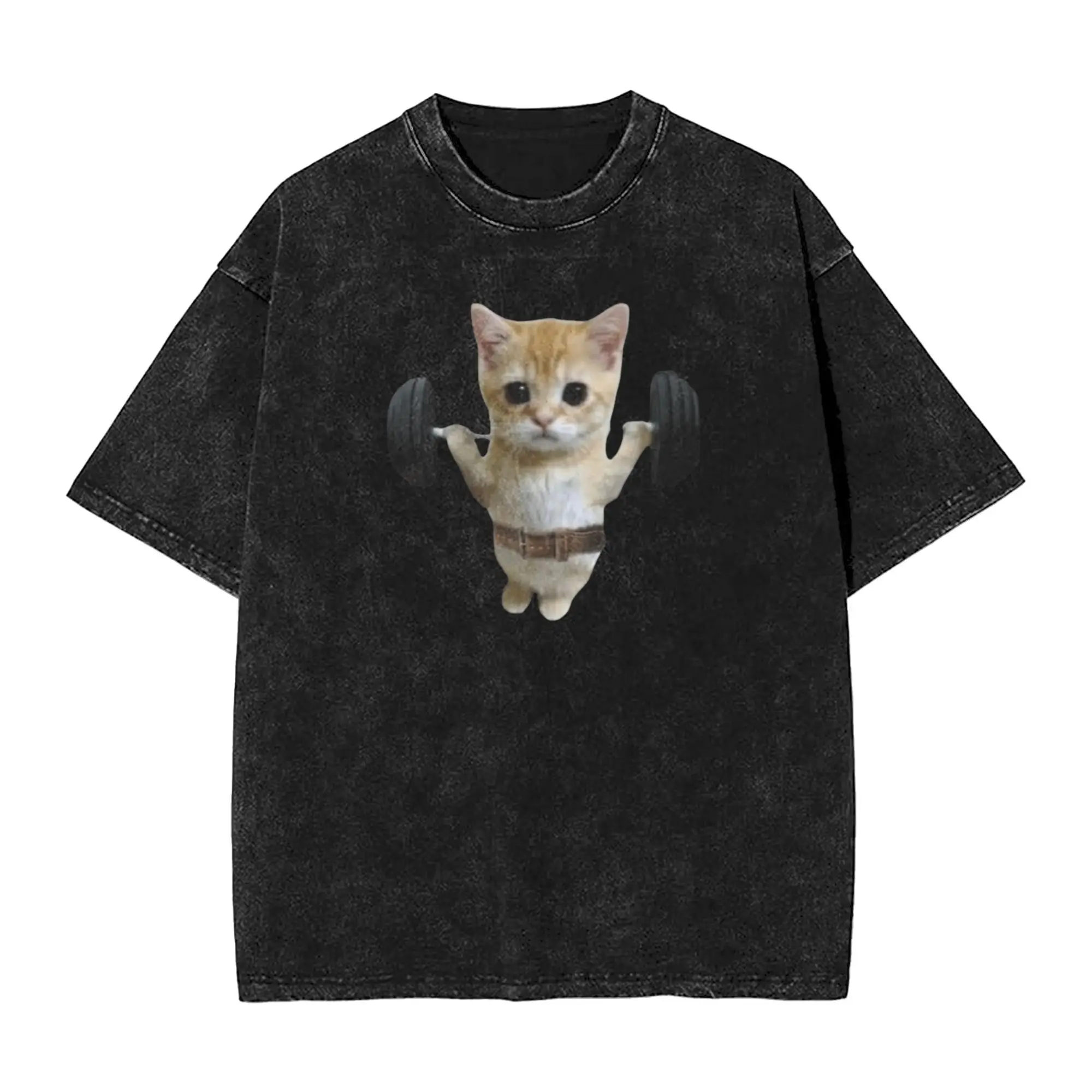 

Funny Gym Cat Squat T-Shirts for Men Crew Neck Pure Cotton Washed T Shirts Short Sleeve Tee Shirt Plus Size Clothes