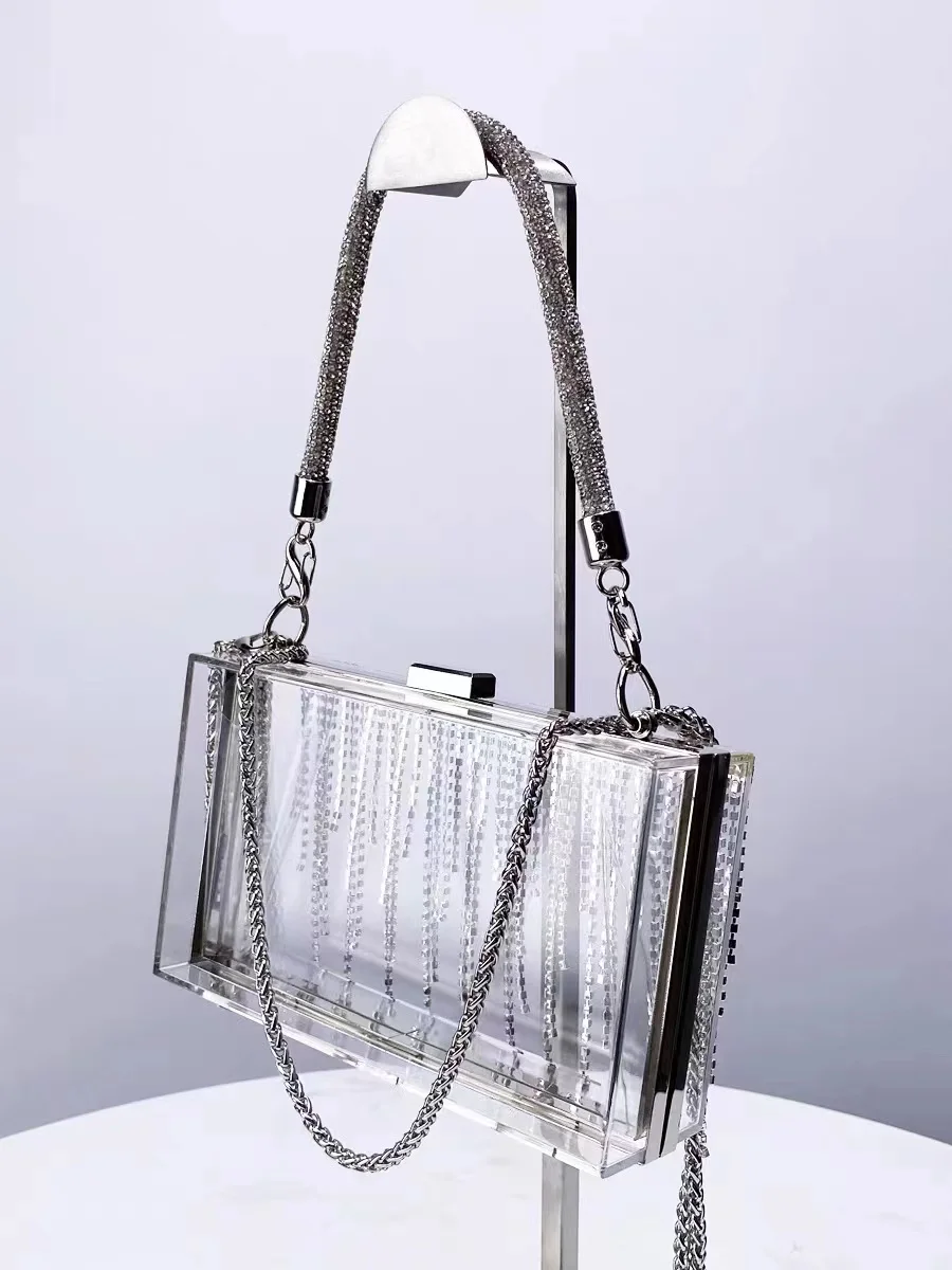 Luxury Transparent Acrylic Square Box Women's Handbag Glitter Tassel Rhinestone Diamond Evening Bag Wedding Party Clutch Purse