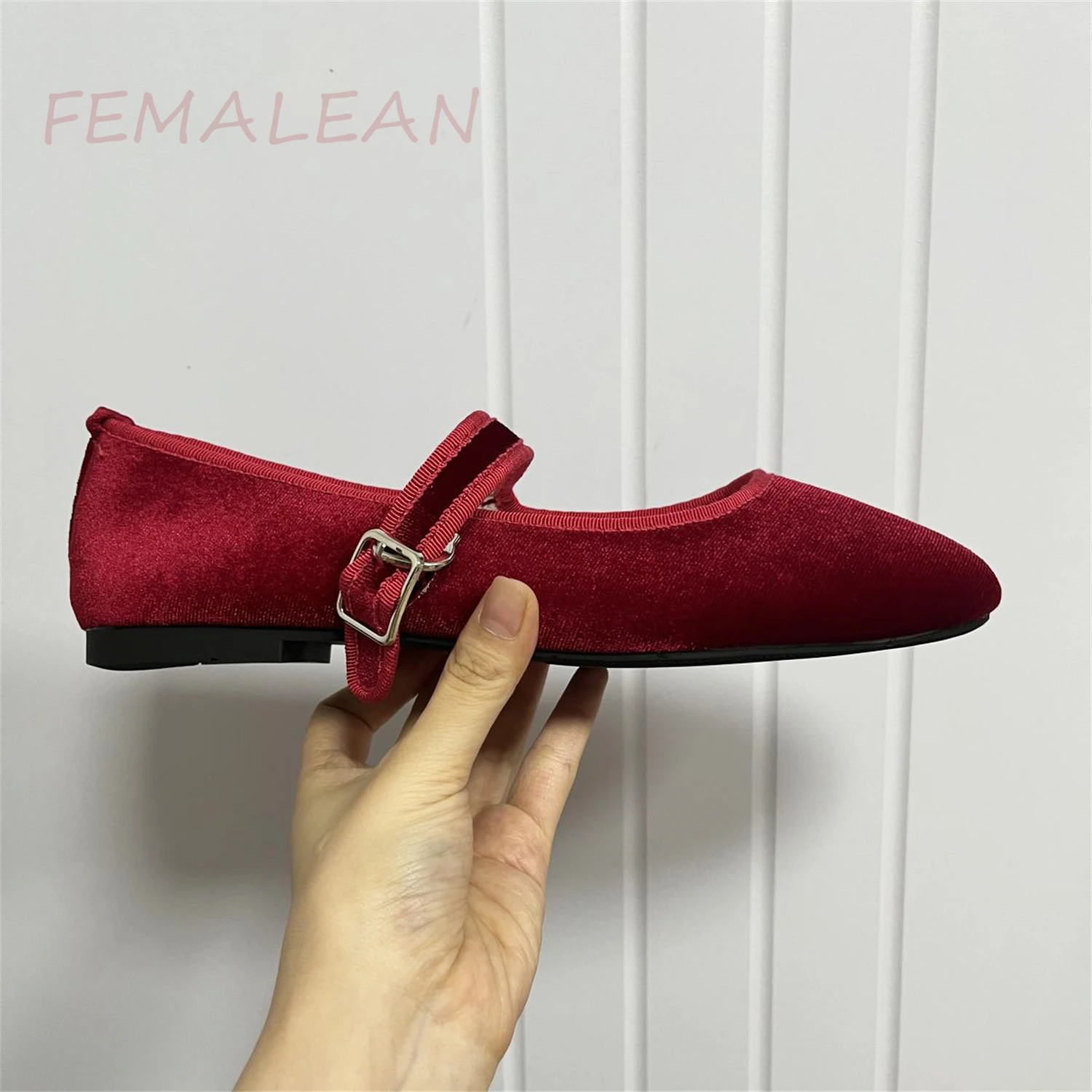 Vintage Velvet Burgundy Red Black Purple Round Toe Granny Belt Buckle Ballet Flats Casual Luxury Mary Jane Sandals Woman Shoes