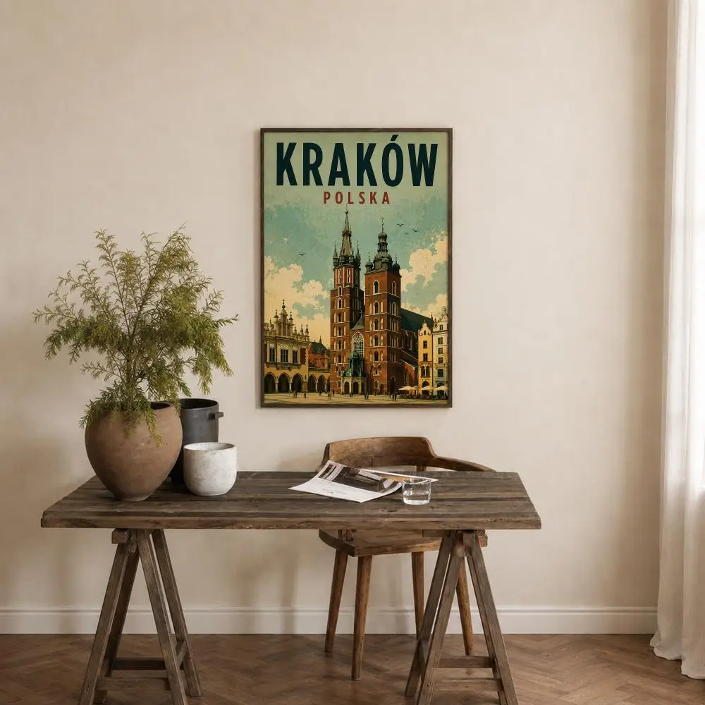 Pattern Vintage Poland City Poster Self‑Adhesive Waterproof PP Poster Coffee House Bar Wall Art Sticker Room Home Decor