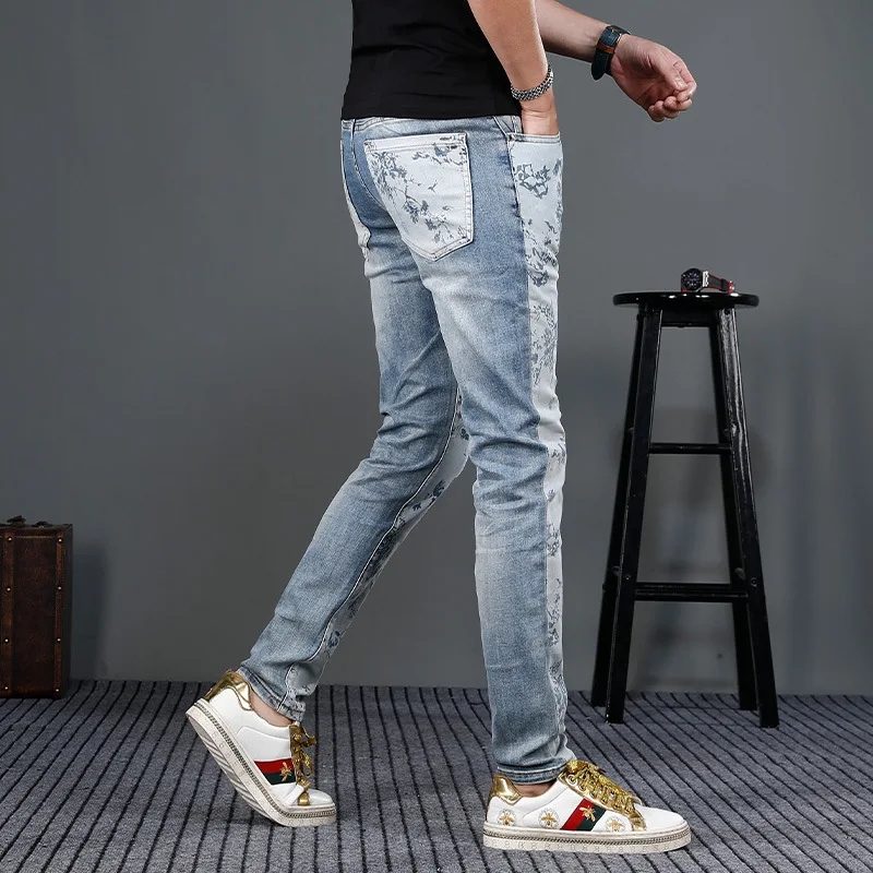 Jeans estampado high-end masculino, calça jeans stretch, ajuste justo, tendência da moda de luxo, leve, stretch, novo, 2024