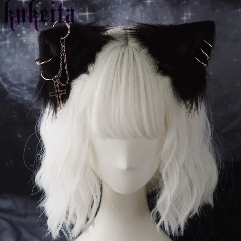 Fermagli per capelli per feste di Halloween fatti a mano con catena in lega di orecchie di gatto Lolita Gothic Hairpin Cosplay accessori per capelli