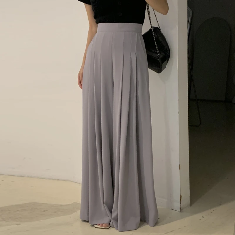 

Ele High Waist Wide Leg Pants Floor Length Casual Pleated Skirt Sle Women's Summer Slimming Trousers Cotton Material