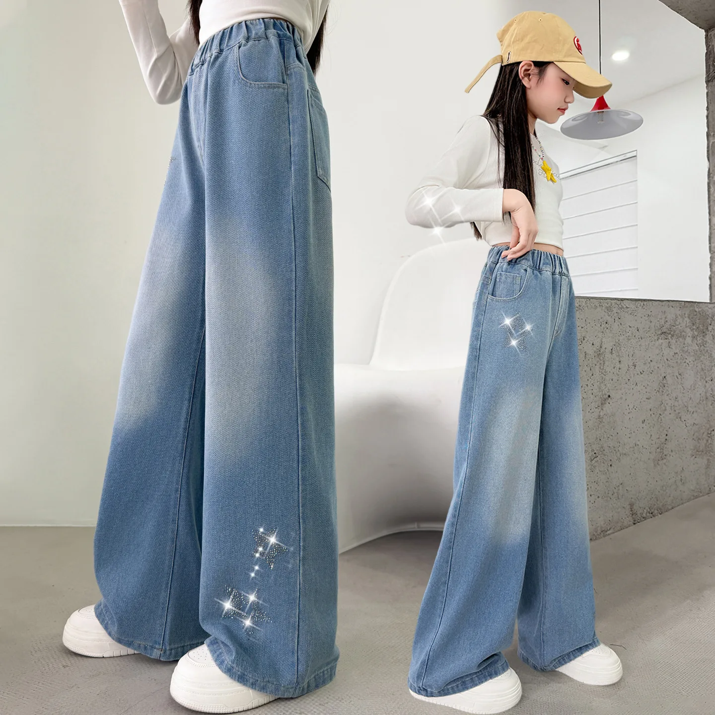 Girls Fashion Jeans Spring Autumn Child Wide Leg Denim Pants with Rhinestone Five-Pointed Star Kids Teen Straight Loose Trousers