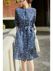 Heavy Silk Dress 2024 Summer New Printed Stand-up Collar Silk Shirt-style Women Dress Mulberry Silk Dress Summer