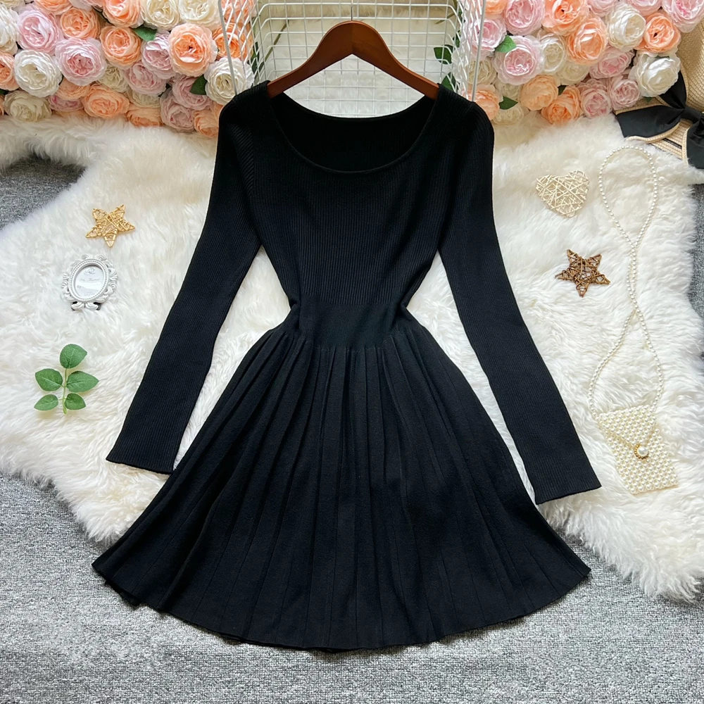 YuooMuoo Korean Fashion A-line Short Dress 2025 Autumn Winter Women Basic All Match Black Knitted Dress Lady Solid Pleated Dress