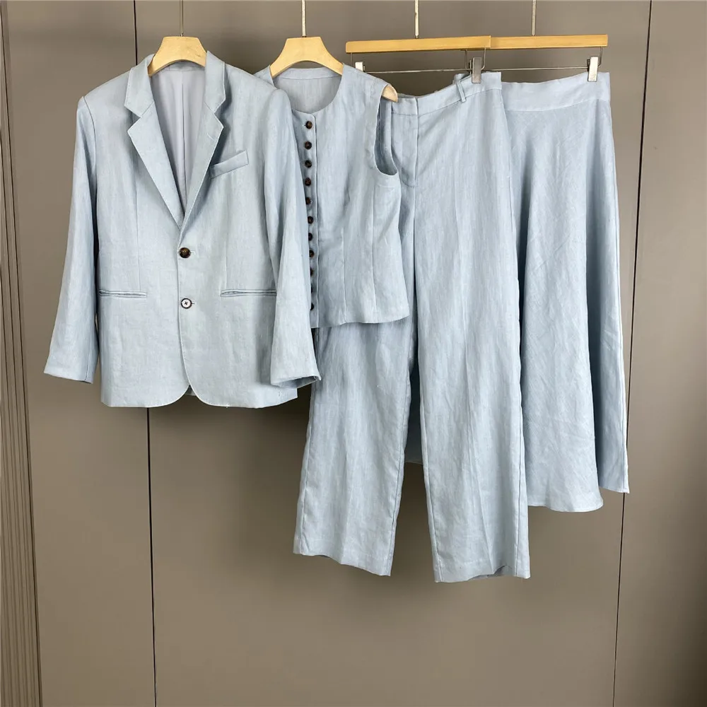 

2026 Spring/Summer New Women's Suit Linen Blazer/Vest/Straight-Leg Pants/ Midi Skirt Stylish Casual Commute 4 Piece Set