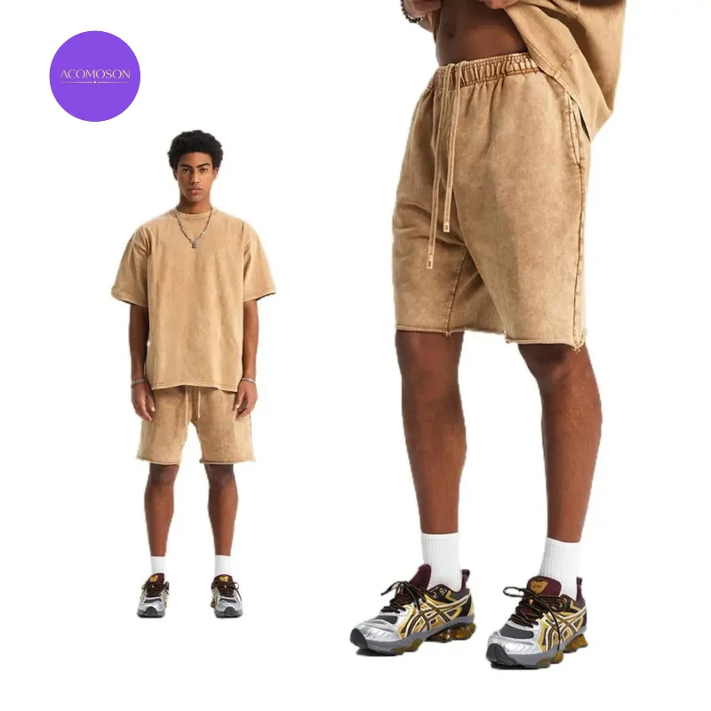 ACOMOSON Summer Top Qualiey EU US Size 420g Batik Vintage Terry Men Shorts Street Style Trendy Retro Unisex Mid-Length Shorts