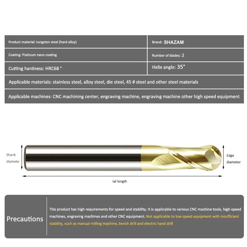 SHAZAM HRC68 Titanium Alloy Special BallEnd Cutter Series Tungsten Steel Milling Cutter 2-Flute Spherical Carbide Milling Cutter