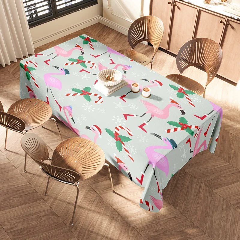 Christmas Tablecloth Floral Print Plush Non-Slip Washable Polyester Holiday Decoration for Dining Room Party Supplies Home Decor