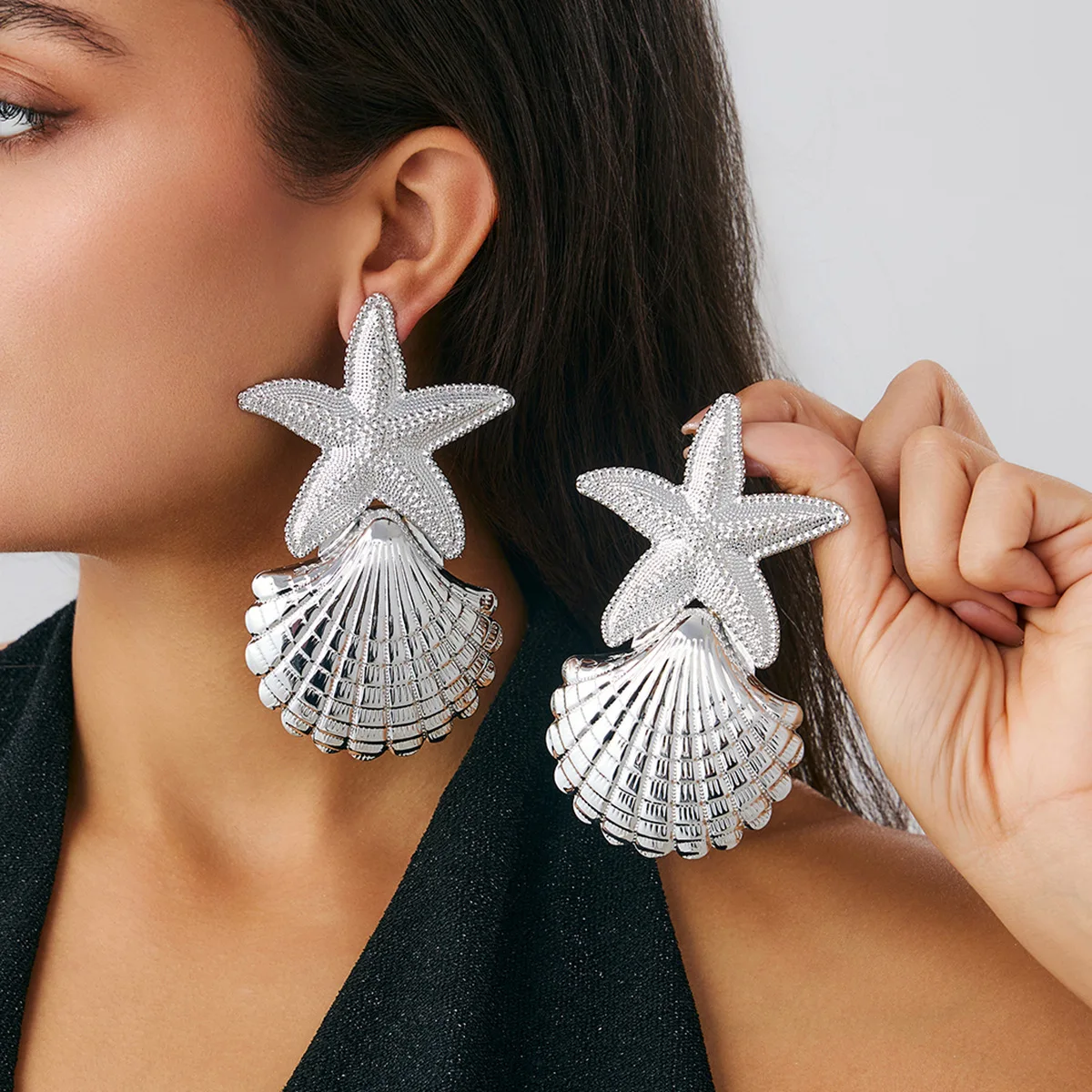 Necklace Y Style Starfish Shell Pendant Exaggerated Heavy Duty with Durable Metal Chain for Women Vacation Beach Edgy