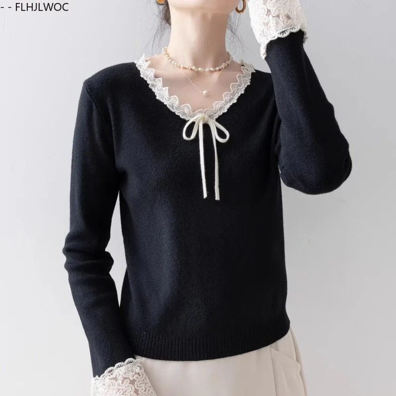 ربطة القوس فيونكة القمم لاعبا البلوفرات السنة الجديدة أزياء المرأة لطيف الحلو اليابان نمط الفتيات المرقعة الدانتيل الأبيض محبوك البلوزات #6