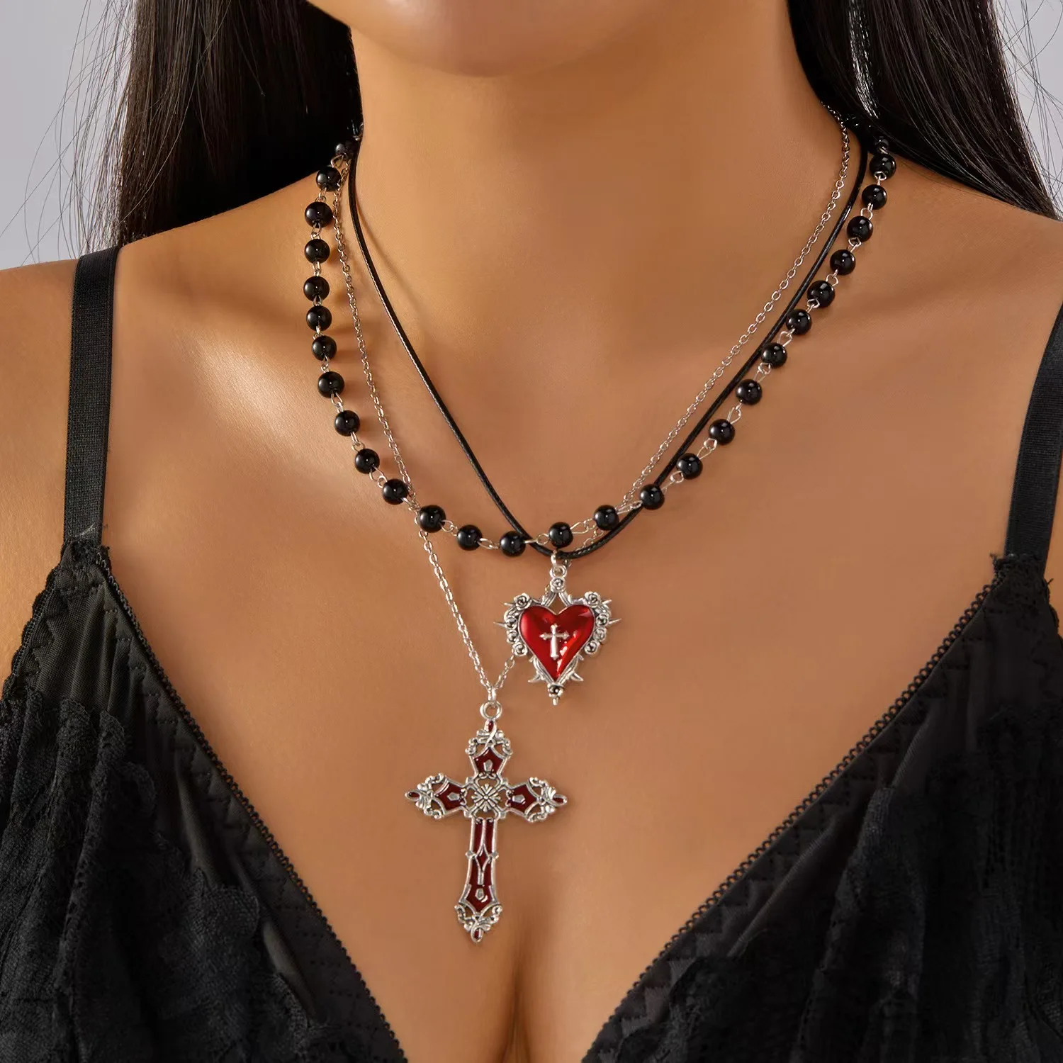 

Gothic Punk Y2K Metal Cross Pendant Necklace Vintage Multi-Layer Beads 90s EMO Charm Jewelry for Women Men Lovers Gift